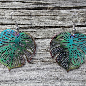 Bohemian Psychedelic Monstera leaf dangle earrings/Cheese plant Earrings/Monstera earrings/Hippie earrings/Leaf Earrings/Surgical Steel