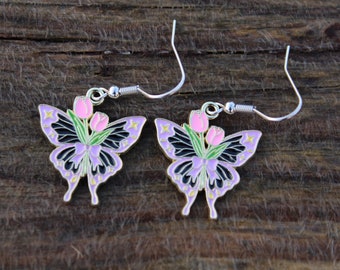 Butterfly and Flowers Earrings, Purple Butterfly Earrings, Butterfly Dangle Earrings, Butterfly Jewellery