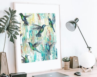 Tropical wall art print, Hummingbird painting, A3 art print, Summer home decor.