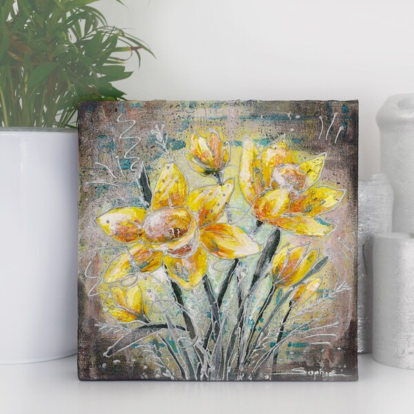 Daffodil Canvas Painting, Original Acrylic, Mixed Media Floral Wall Artwork, Spring Home Decor, Floral Bedroom Decor