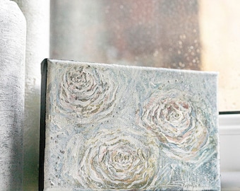 Mini floral canvas painting, White rose art, Contemporary artwork, Textured abstract painting, Silver accented spring home decor