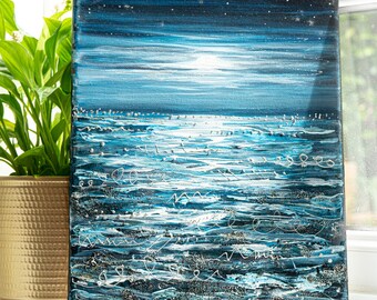 Moon painting, Original canvas artwork, 25 x 30 cm, Coastal wall art for home decor