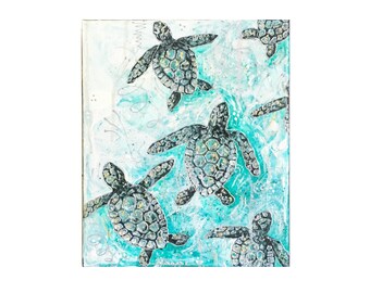 Turtle painting, Coastal wall art, Textured acrylic canvas wall painting, Sea themed home decor, Bedroom wall art