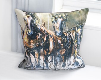 Horse cushion, Super soft luxury pillow, 45 x 45 cm square decorative cushion, Equine design, Horse bedding, Country home decor