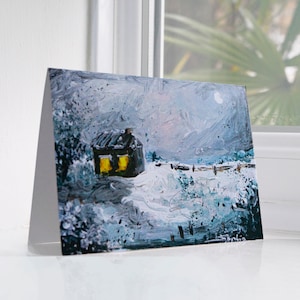 Christmas cards pack of 6, A6 size, cosy winter cabin artwork, cards & envelopes
