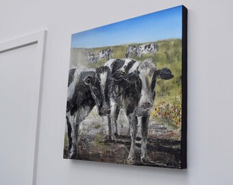 Dairy cow painting, Original square canvas landscape painting, 60 x 60 cm, Textured contemporary art by uk artist, summer home decor