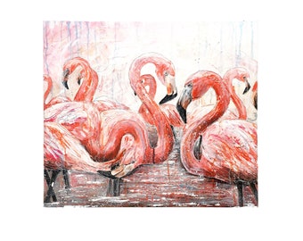 Large flamingo painting, Original acrylic on canvas, Contemporary art by Uk artist, 70 x 50 cm Hot pink textured wall art