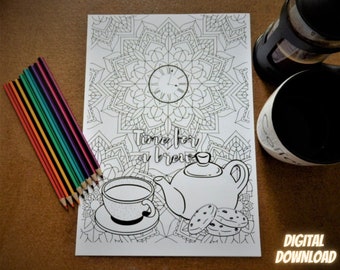 Teatime - A4 colouring sheet - Digital Download - Print at Home - Time for a Brew - Coffee Cake Cafe Biscuits Mandala Relaxation Mindfulness