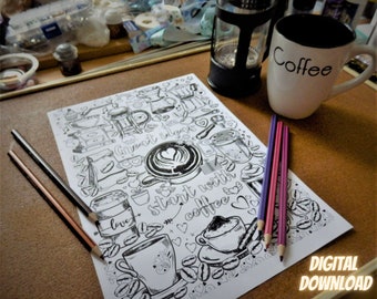 Coffee Dreams - A4 colouring sheet - Digital Download - Print at Home - Great ideas start with coffee - Love Cafes Cake Music Hearts Goals