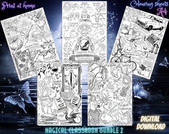 Magical Classroom Bundle 2 - fantasy inspired A4 colouring sheets x5 - Digital Download - Print at Home - Magic Spell Witch Wizard School
