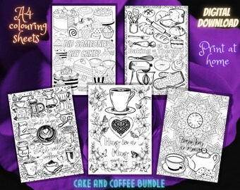 Cake and Coffee Bundle - A4 colouring sheets x5 - Digital Download - Print at Home - Great ideas Hugs Baking Therapy Butterfly Flowers