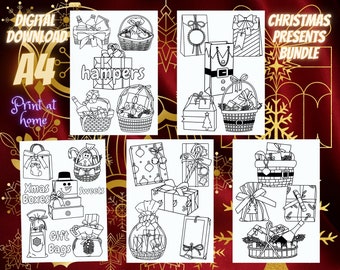 Christmas Presents Bundle - A4 colouring sheets x5 - Digital Download - Print at Home - hampers gifts stocking box toys gingerbread candy