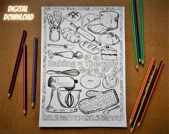 Baking Therapy - A4 colouring sheet - Digital Download - Print at Home - Cake Dessert Pastries Pudding Bread Relaxation Mindfulness