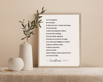 Christelijke muurkunst Liefde is geduldig Liefde is vriendelijk 1 Korintiërs 13 christelijke afdrukbare moderne bijbelversafdruk minimalistische christelijke afdruk