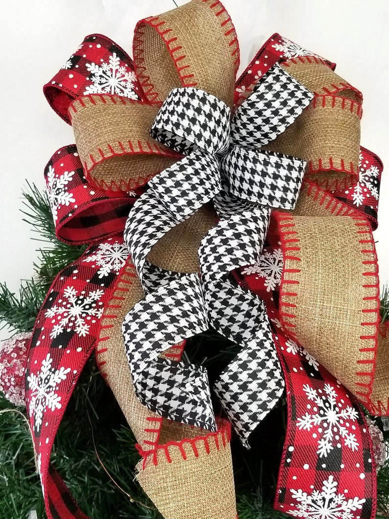 Rustic Farmhouse Tree Topper Bow Christmas Buffalo Plaid and Etsy