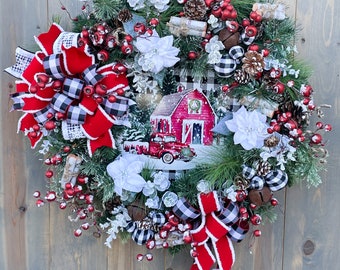 Farmhouse Christmas Wreath for Front Door, Red Truck Christmas Décor, Country Christmas Front Porch Décor, Red Barn and Rustic Bells Holiday