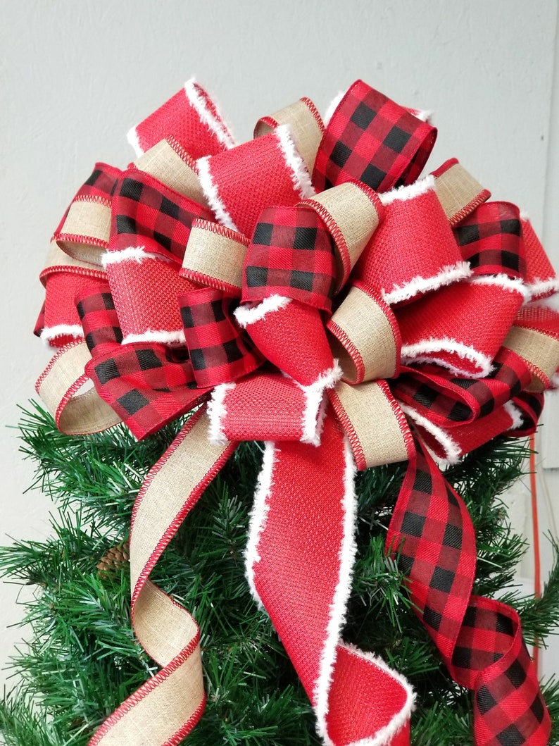 Christmas Tree Topper Bow Buffalo Plaid Burlap 36 Etsy