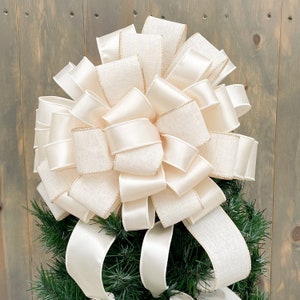 Ivory and Gold Satin Christmas Tree Topper Bow - 36&quot; Streamers, Elegant Tree Topper Bow, Extra Large Ivory Bow for Christmas Tree, Gold Trim