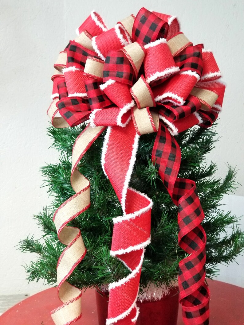 Christmas Tree Topper Bow Buffalo Plaid Burlap 36 Etsy
