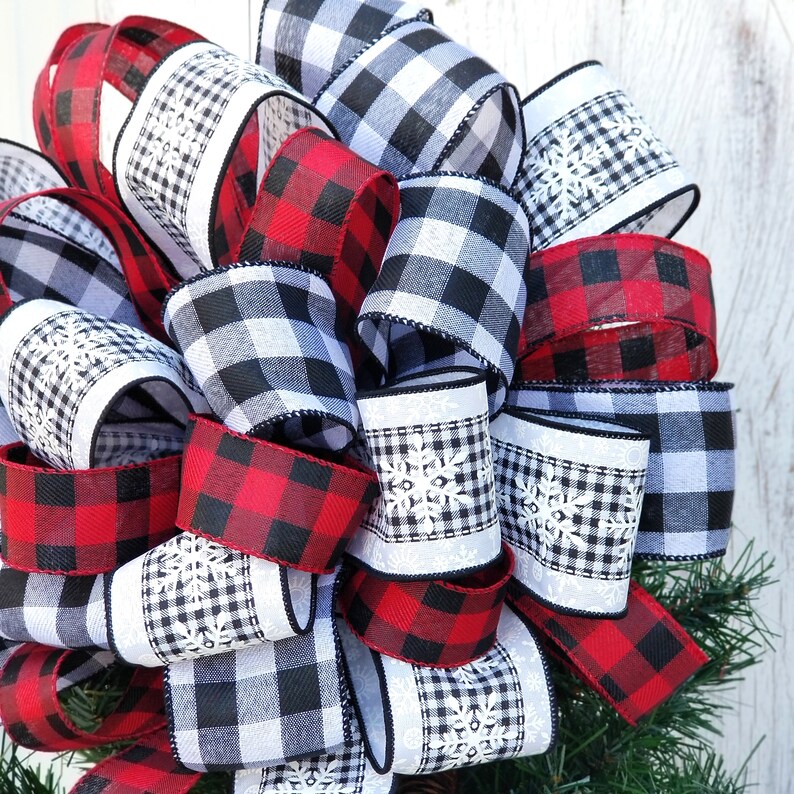 Black and White Christmas Tree Topper Bow Buffalo Plaid Etsy