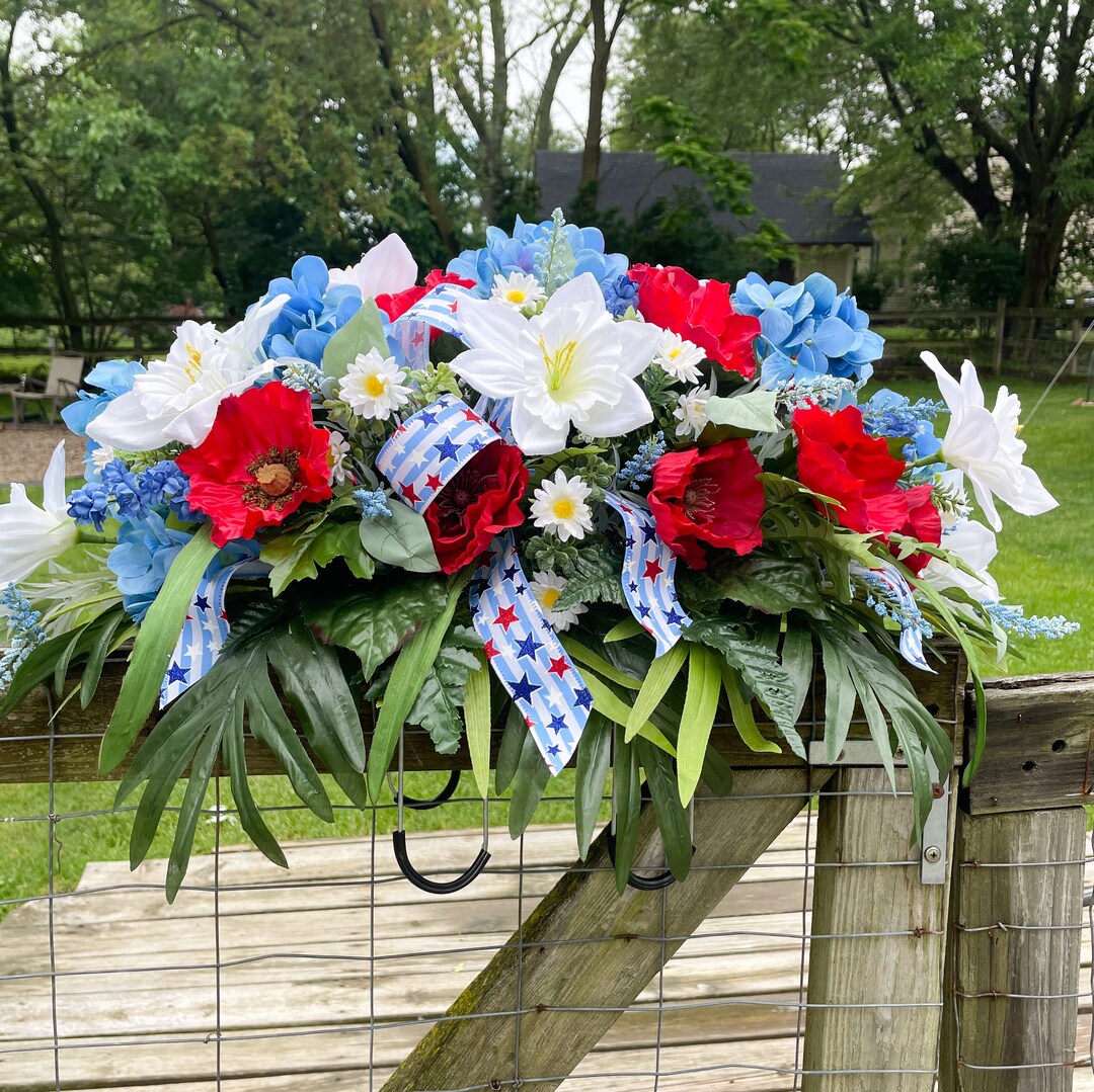 Patriotic Cemetery Saddle, Red White and Blue Headstone Flowers, Grave ...