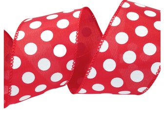 Red Polka Dot Spotted Wire Edged Wired Fabric Ribbon 