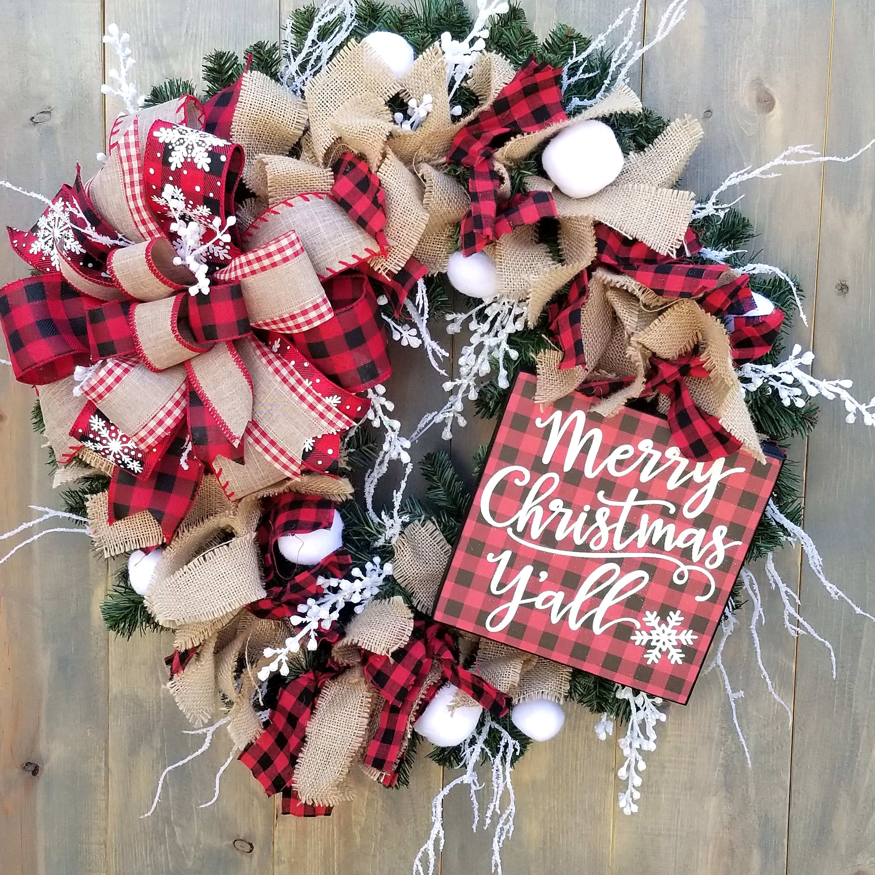 Rustic Burlap Garland With Red and White Checked Ribbon, Farmhouse