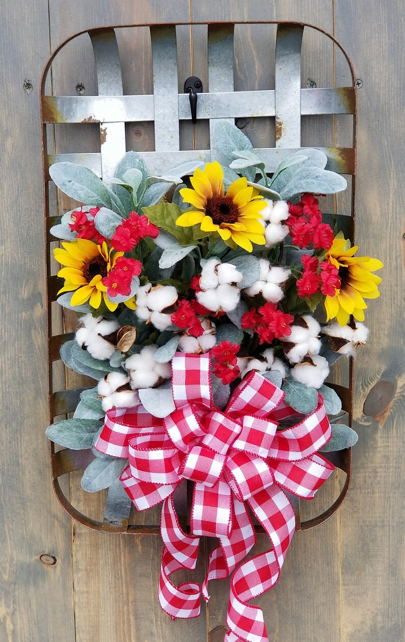 Sunflowers cotton and buffalo plaid wreath; summer farmhouse wreath; farmhouse decor; cottonboll wreath; mantle decor; buffalo plaid decor