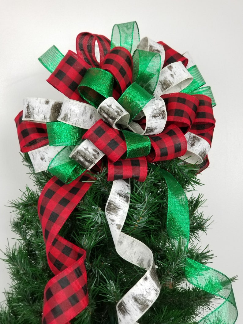 Christmas Tree Topper Bow Buffalo Plaid Sheer Green Birch Etsy