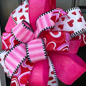 Valentines Bow for DIY Wreath, Front Door Valentine's Decor, Whimsical Bow Valentine Swag, Red Pink Hearts, Mailbox Bow, Valentines Lantern