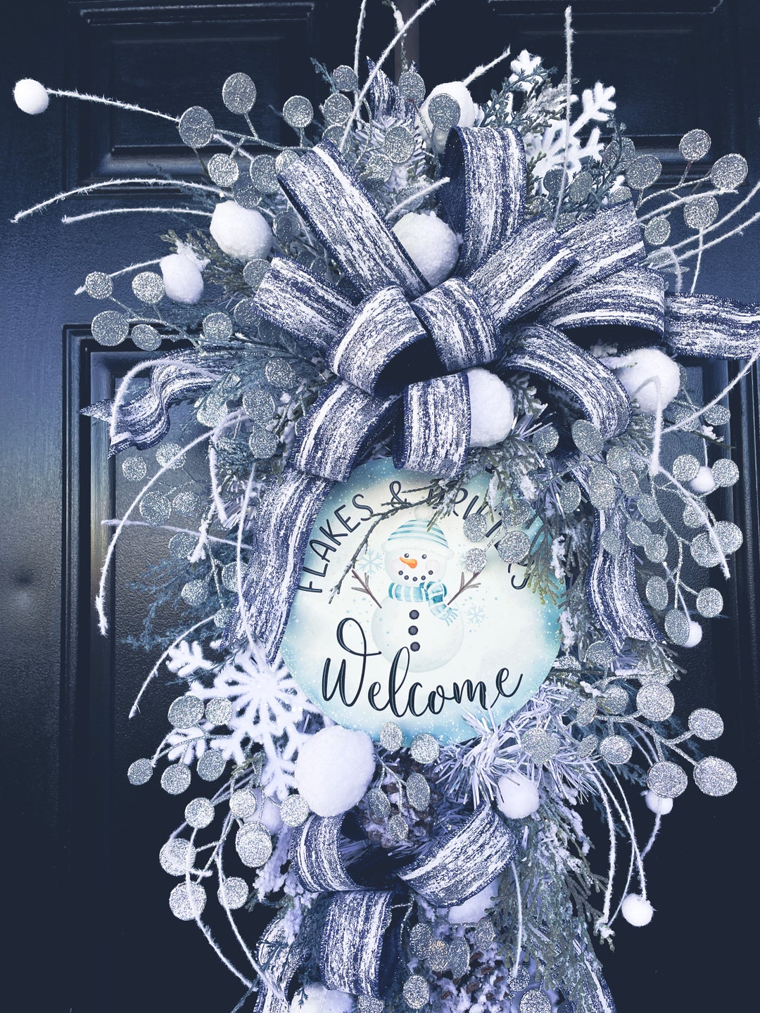 Winter Wreath for Front Door Not Christmas, Teardrop Swag Wreath, Blue ...