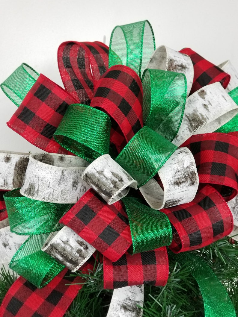 Christmas Tree Topper Bow Buffalo Plaid Sheer Green Birch Etsy