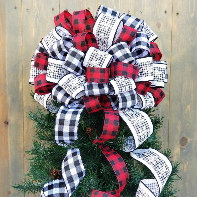 Black and White Christmas Tree Topper Bow Buffalo Plaid Etsy