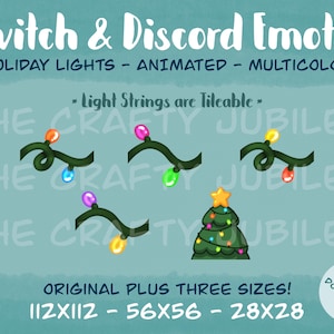 May include: Animated holiday lights emotes for Twitch and Discord, featuring colorful light strings and a Christmas tree. Includes multiple sizes: 112x112, 56x56, and 28x28 pixels. The text says "Light Strings are Tileable".