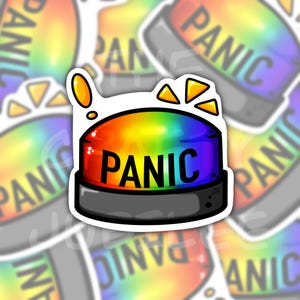 May include: A sticker featuring a round button with a rainbow gradient top and the word PANIC printed in bold black capital letters. The button has a dark gray base and includes small yellow exclamation marks and triangular shapes above it.