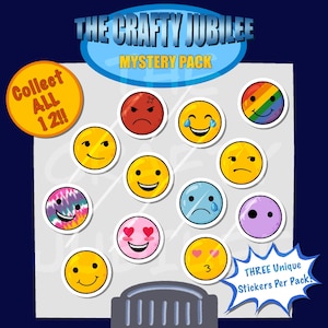 May include: A collection of twelve circular stickers featuring various emoji expressions, including happy, sad, angry, and love-struck faces. The text reads THE CRAFTY JUBILEE MYSTERY PACK, Collect ALL 12!!, and THREE Unique Stickers Per Pack!.