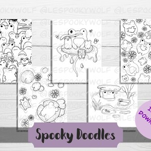 May include: Set of six black and white printable coloring pages featuring cute frog illustrations. The pages include a frog on a lily pad, a frog with a crown, a frog with a heart, a frog with a flower, a frog with a fish, and a frog with a bug. The pages are perfect for kids of all ages.