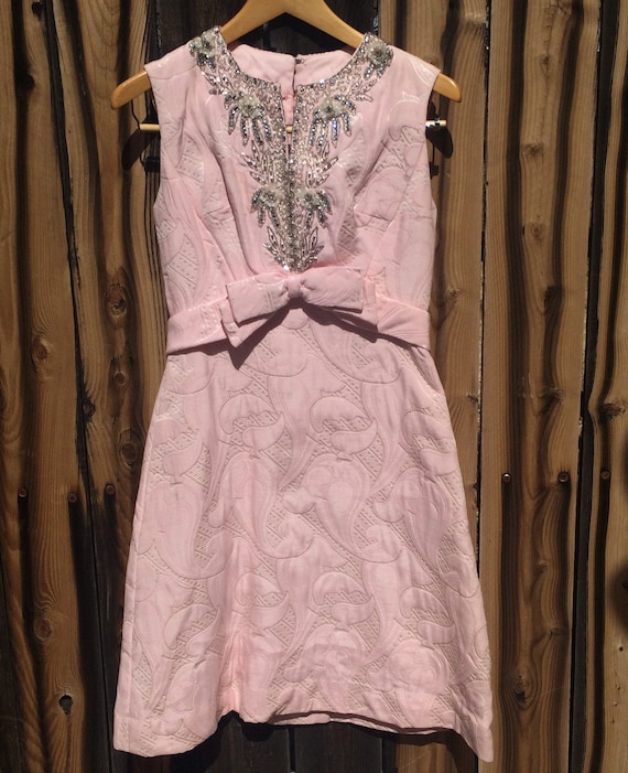 Stunning pink, beaded, brocade cocktail dress