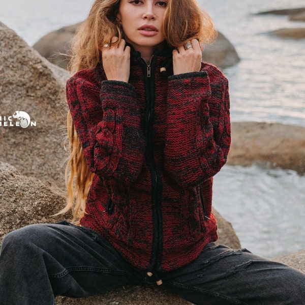 Veste en laine bordeaux Aran Manteau d'hiver à capuche doublé en polaire Pull en tricot torsadé rouge gris Capuche amovible Poches à glissière