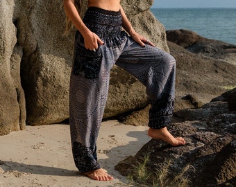 Sarouel mandala gris femme pantalon hippie vêtements de détente confortables pantalons de yoga ample festival d'été