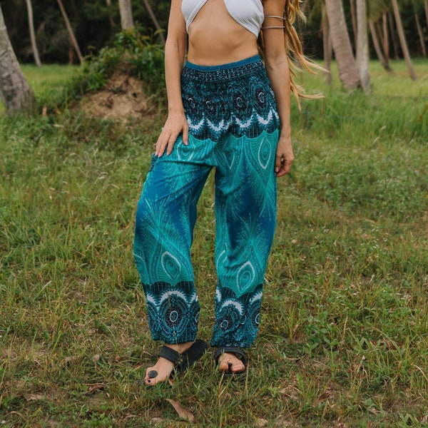 Sarouel turquoise avec plumes de paon, pantalon de yoga aquatique, pantalon confortable pour les festivals, vêtements bohèmes, taille petit moyen et grand