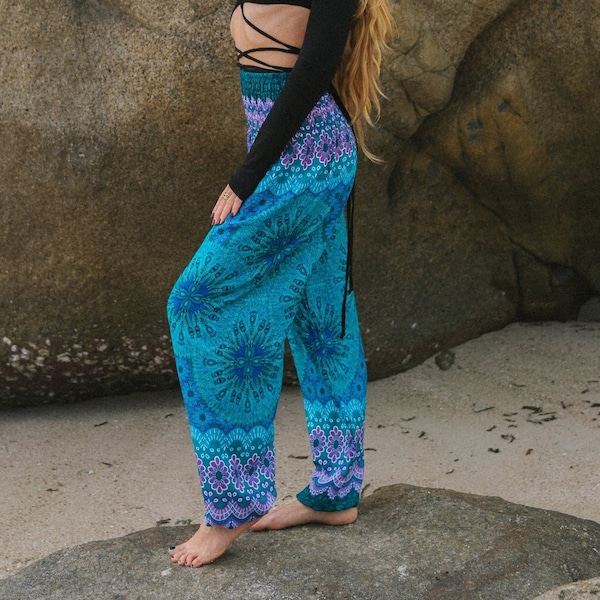 Mandala Harem Pants Women Turquoise Hippie Pants Peacock Feather Comfy Yoga Trousers Loose Baggy Festival Clothing Boho Beach Clothes