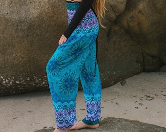 Mandala Harem Pants Women Turquoise Hippie Pants Peacock Feather Comfy Yoga Trousers Loose Baggy Festival Clothing Boho Beach Clothes