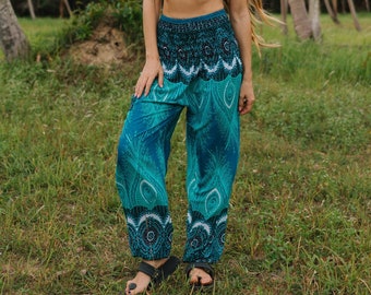 Turquoise harem pants with peacock feather design, Aqua yoga pants, comfy trousers for festivals, boho clothing, size small medium and large
