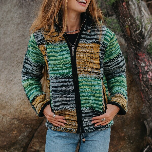 Warm Patchwork Hippie Jacket Double Knitted Thick Wool Fleece Lined Hippy Clothes Hoodie Coat Nepali Grey Green Jumper Zip