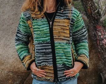 Veste hippie chaude en patchwork, double maille, laine épaisse doublée de polaire, vêtements hippies, manteau à capuche, manteau népalais gris vert, pull zippé