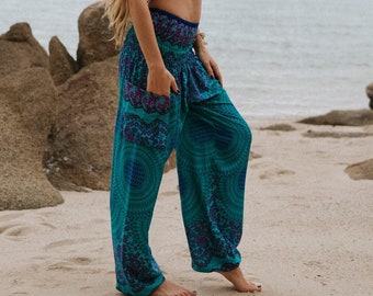 Pantaloni harem mandala turchese Pantaloni hippie da donna Comodi pantaloni da yoga Pantaloni larghi larghi da festival Abiti da spiaggia Boho