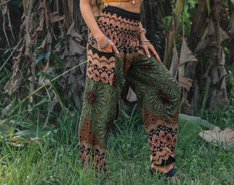 Sarouel vert mandala, pantalon hippie, vêtements de festival, pantalons d'été de retraite de yoga, tenues de plage, smockée extensible à la taille, tailles 6-16