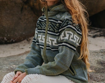 Warm Wool Hoodie Green Grey Fleece Lined Jacket Thick Winter Sweater Detachable Hood Zip Pockets Nepal Outdoorwear Aztec Design