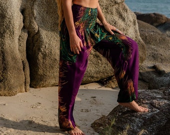 Purple peacock feather yoga trousers, loose high crotch harem pants, colourful hippie trousers